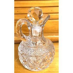 Vtg Pressed Clear Glass Decanter Glassware Diamond Cut Crystal Stopper 5" tall